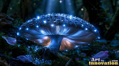 Shining in a dense forest, a large mushroom is dotted with bright blue lights
