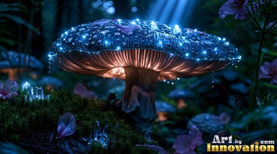 A large mushroom with tiny blue lights on its cap in a deep forest