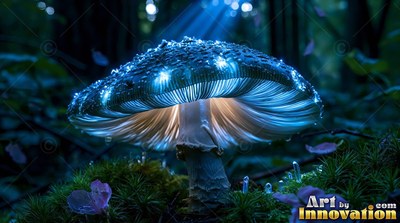 Tiny blue lights dot the wide cap of a mushroom growing among moss in a dark teal forest