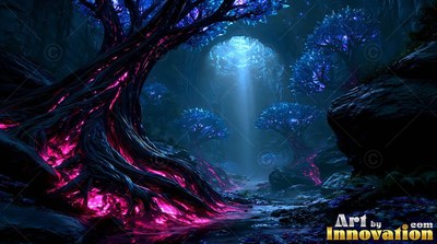 A gnarled tree twists along a deep forest path lit by pink roots and blue leaves