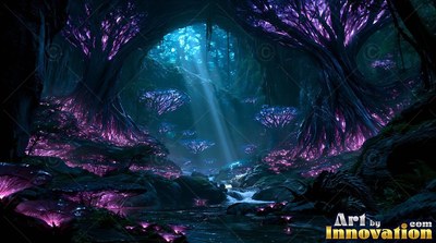 Arching overhead, purple trees frame a forest stream in blue moonlight