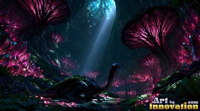 A dinosaur rests in a dark cave full of giant pink mushrooms under blue sunlight