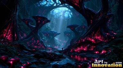 In a dense forest beneath blue light, a small figure stands beside pink roots