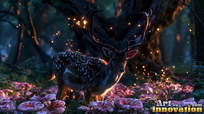 Standing among pink mushrooms, a spotted deer pauses in a dark forest lit by fireflies
