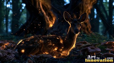 A deer resting in a shadowy forest surrounded by fireflies