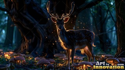 Light rims the antlers of a standing spotted deer in a dim forest full of mushrooms