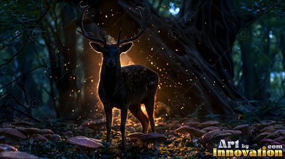 A stag stands among wild mushrooms, outlined by bright golden light from behind