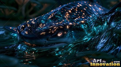 Facing forward in dark water, a shark rests with bright orange spots