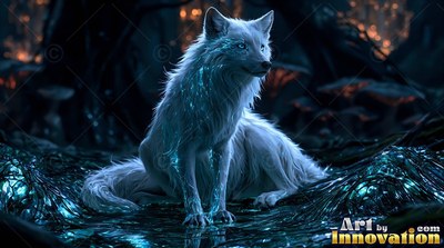 A white wolf sits on dark ground under soft blue light in the woods