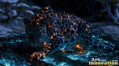 In a dark shallow stream, a leopard crouches with orange lights in its spotted fur