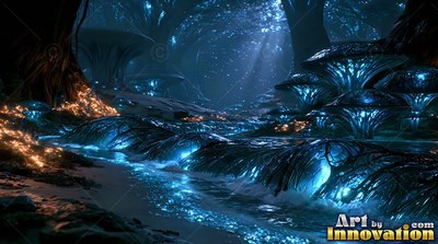 Shining under night beams, blue mushrooms line a winding stream in a dark forest