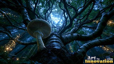 Pale mushroom on a dark tree trunk under blue moonlight