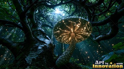 Bright points under a mushroom cap light the dark woods beside a twisted tree trunk