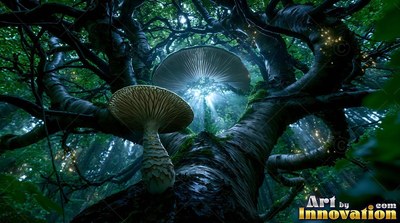 Two pale mushrooms sprout from a dark tree trunk under soft blue light through the canopy