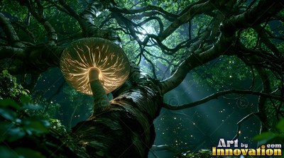 Tilted upward on a tree trunk in a dark forest, a bright mushroom cap