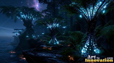 Sp otted palm trees shine with bright blue light beside a dark coast at night