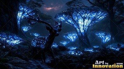 In a deep forest of bright blue trees, a spotted deer stands on a path