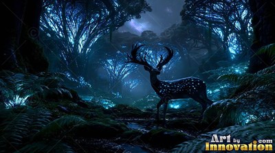 Standing in a dark forest, a spotted stag looks up under blue tree light