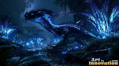 A blue lizard walking through dark ferns at night