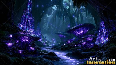 Luminous purple gills beneath broad mushrooms along a dim forest creek under blue light