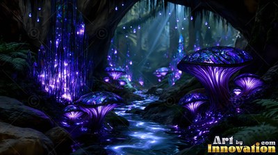 Purple mushrooms grow along a deep forest stream illuminated by bright violet light