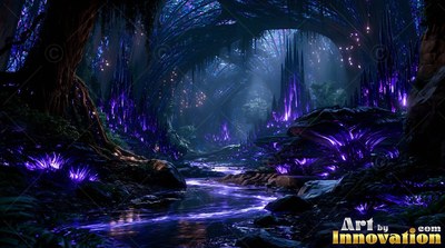 Winding straight back into dark woods, a stream passes bright purple crystals