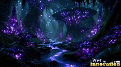 A dark forest path with bright purple mushrooms and crystals along a stream