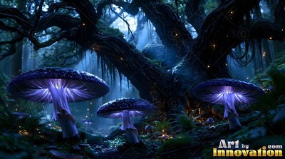 In a dark forest, purple mushrooms shine under a twisted tree with fireflies
