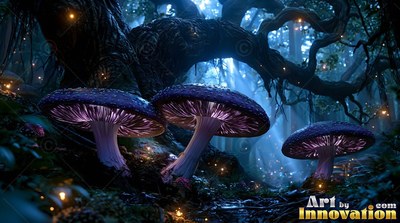 Sprouting under twisted roots, purple mushrooms light up a dark blue forest