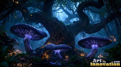 Purple mushrooms grow under a gnarled tree in a dark blue forest