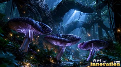 Pale purple gills line three giant mushrooms growing on a dark forest floor