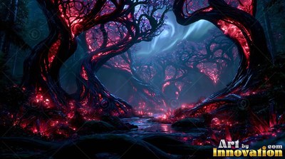 Gnarled trees arch over a dark forest path shining with bright pink light