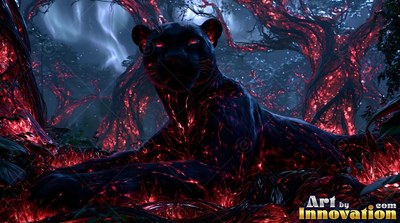 Lying down, a black panther with red veins rests in a shadowy forest