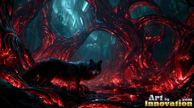 A dark wolf walks through twisted red roots under a dim blue sky