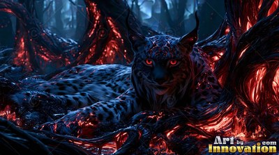 In a dark forest, a spotted lynx with red eyes rests on fiery roots