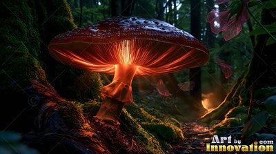 Shining from underneath, a large red mushroom grows on mossy roots in a dark woods