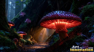Red spotted mushroom lit from below on a dense forest path