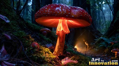 Spotted red cap of a lit toadstool shines on a dark mossy forest floor