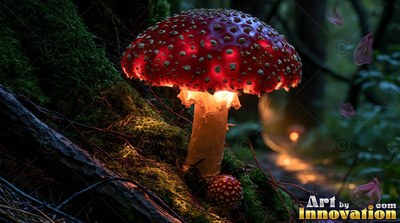 A red spotted mushroom stands on mossy bark, shining with warm yellow light under its cap