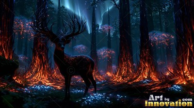 Standing in profile in a dim forest, a stag under green northern lights