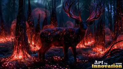 A deer with large antlers stands in a dense forest lit with red sparks