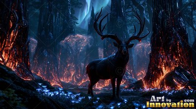 In a dark forest beneath northern lights, a horned stag stands beside fiery red tree trunks