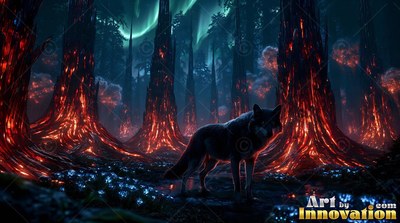 Standing on mossy ground, a dark wolf pauses among fiery red trees beneath green sky lights