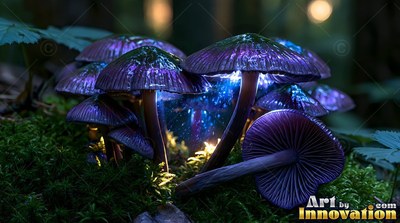 Purple mushrooms shining with bright blue light in green moss