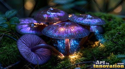 Glossy purple caps crown wild mushrooms resting on dark moss in dim woods