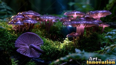 Purple mushrooms grow across dark moss, lit from underneath with soft violet light