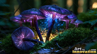 Tilted upward from green moss, purple mushrooms shine blue light