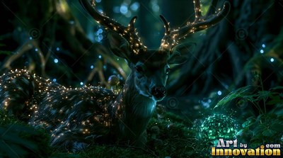 A deer rests in a dark forest covered in tiny warm lights