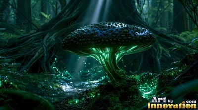In a deep forest, a large green mushroom shines under a ray of sunlight