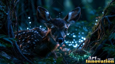 Resting in dark woods, a spotted fawn watches beside a shiny mushroom and blue lights